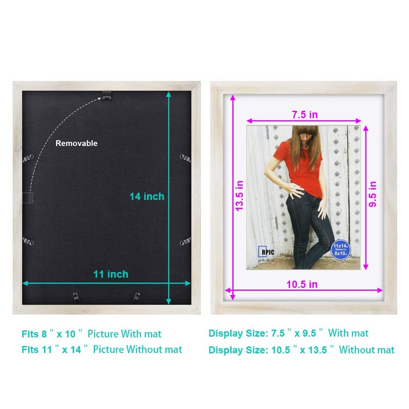RPJC 11x14 inch Picture Frame Made of Solid Wood and High Definition Glass Display Pictures 8x10 with Mat or 11x14 Without Mat for Wall Mounting Photo Frame Rustic White - Image 4